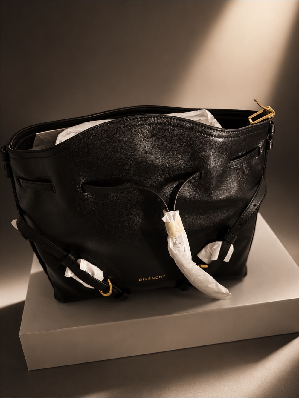 SOLD  Givenchy Small Voyou Bucket Bag Black Shiny Calfskin Leather Gold Hardware - Picture 12 of 17